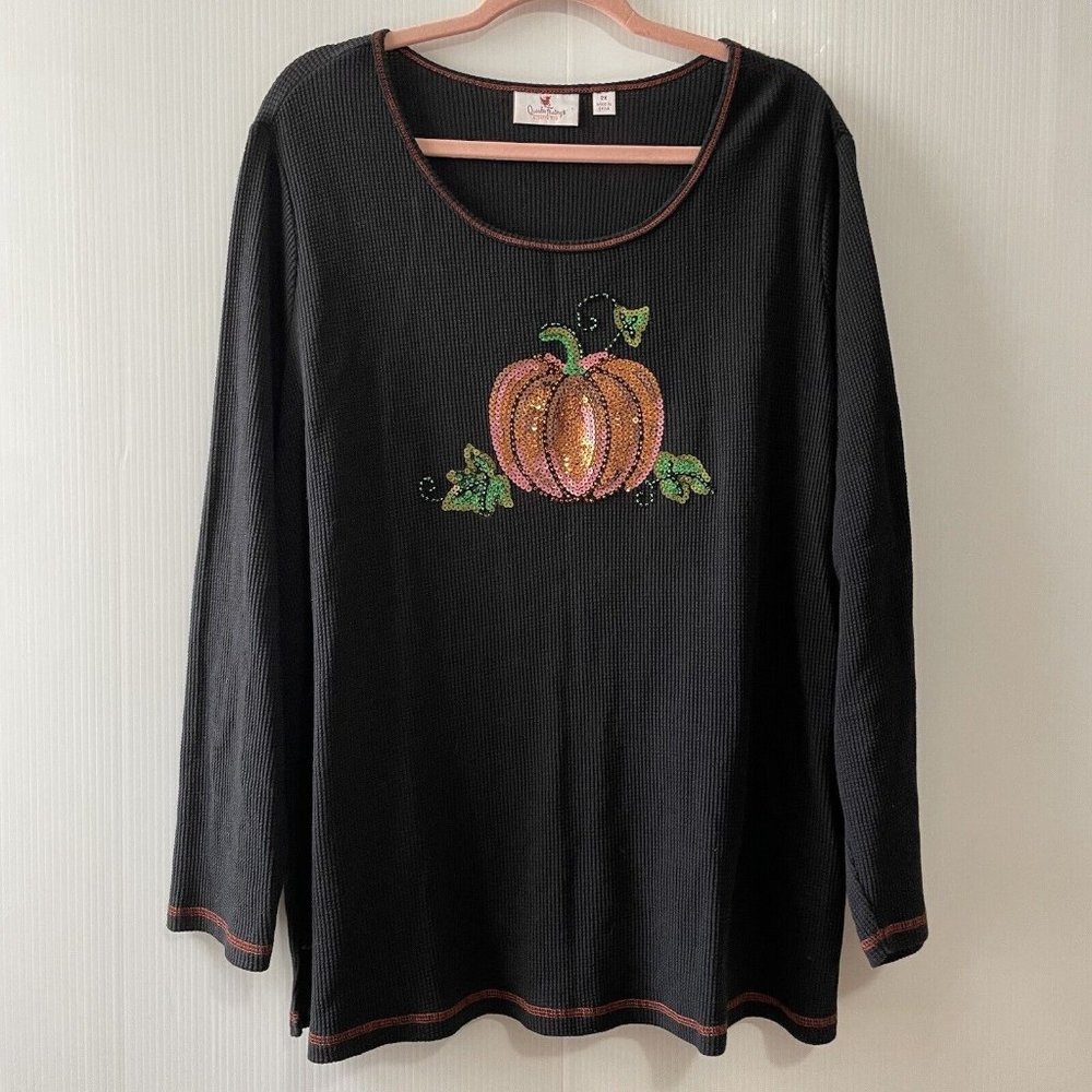 VTG Quacker Factory Autumn Pumpkin Shirt Top Black Long Sleeve Women’s 2X Sequin